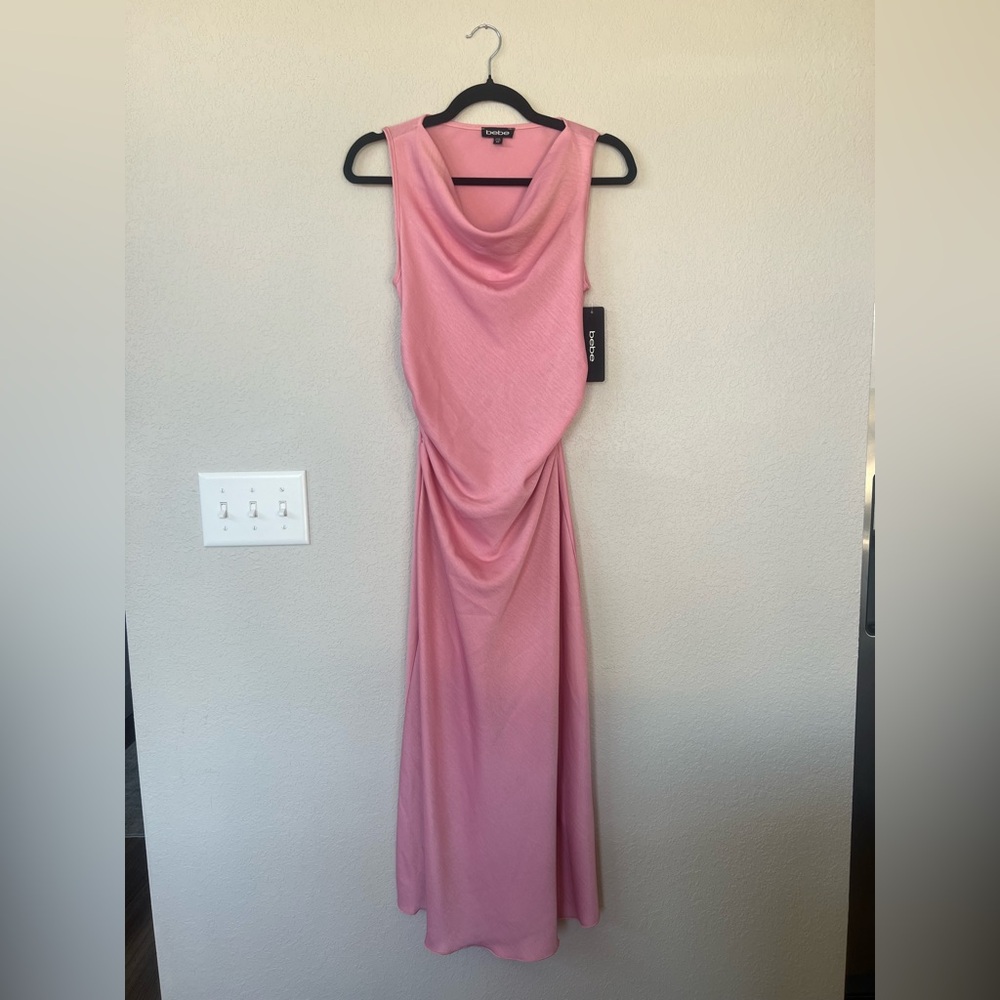 Bebe ruched cowl neck pink maxi dress